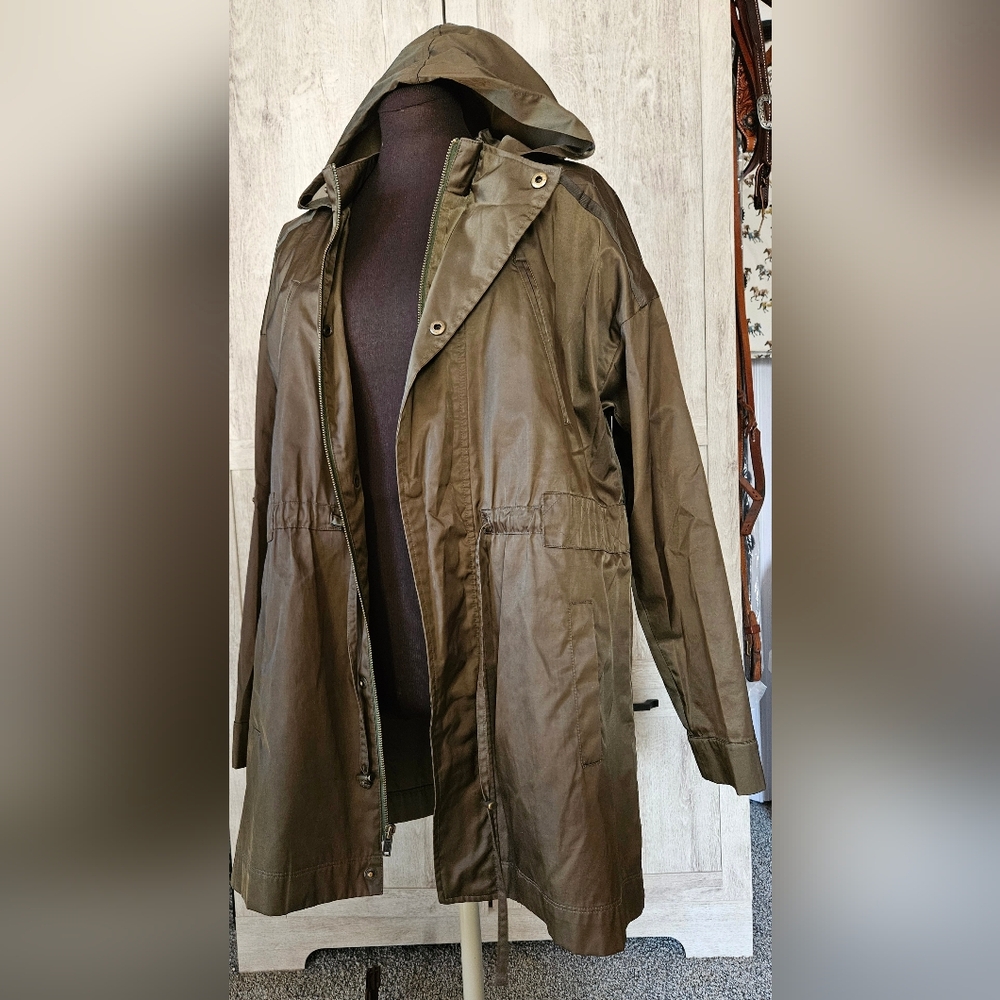 DANA BUCHMAN SPRING TRENCH CAR COAT JACKET HOODED SAFARI Sz L
